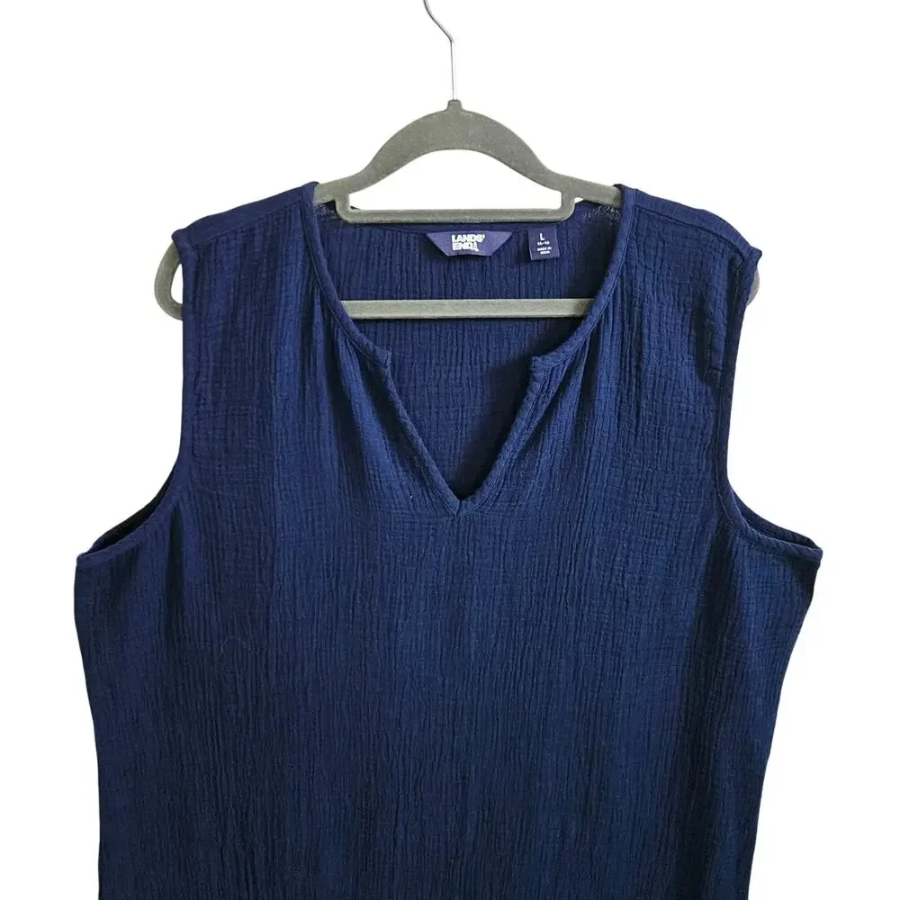 Lands End Women's Size L Swimsuit Cover Up Tunic Dress Blue 100% Cotton Crepe